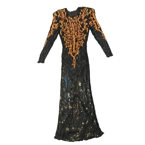 100% Silk Dresses & Skirts - Vintage 100% Silk Black Gold Long Sleeve Beaded Sequin Evening Maxi Dress Size S